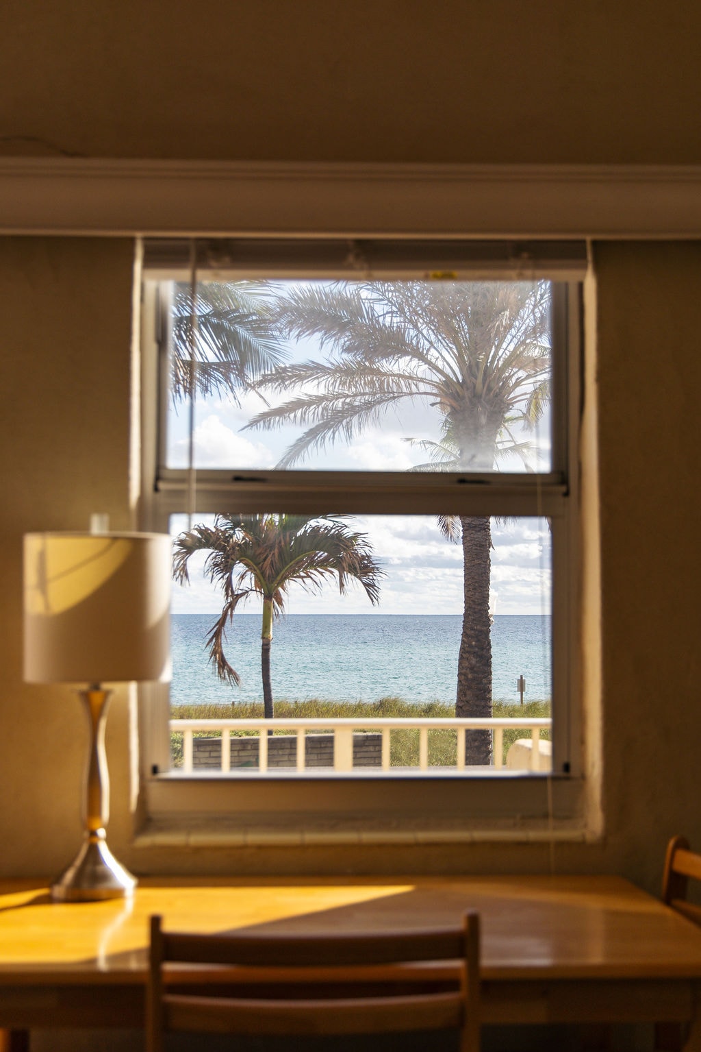 Ocean and palm tree view through a Bel-Aire apartment window